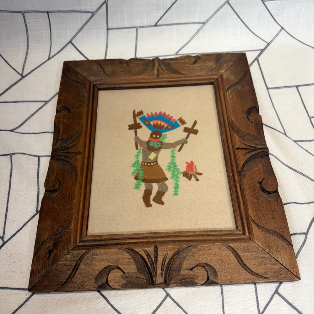 Sand Designs Crown Dancer Sand Art 12x15 Brown Carved Wood Frame Southwest Decor